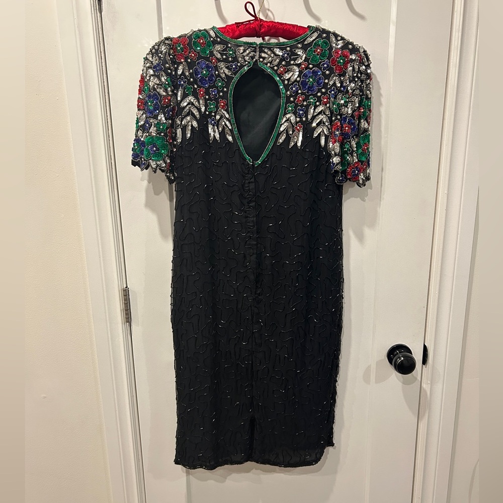Vintage Elegant Black Silk Dress with Colourful floral beading - Picture 13 of 17